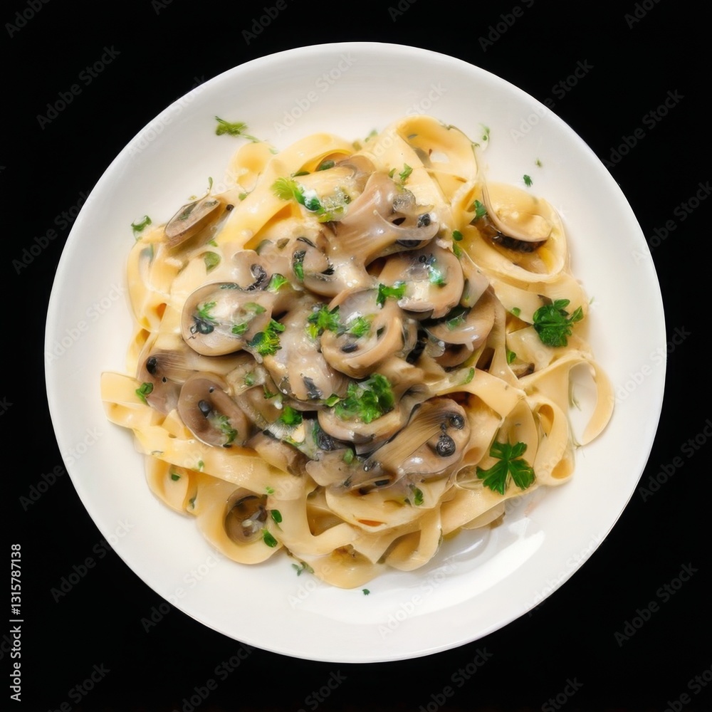 Top view of delicious fettuccine alfredo dish with sliced mushrooms, creamy sauce, and parsley, on a white plate. Top view of delicious fettuccine alfredo dish with sliced mushrooms, creamy sauce, and parsley, on a white plate.