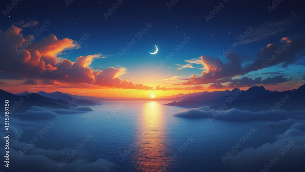 Fototapeta premium Tranquil Ramadan Sunset Over Ocean with Crescent Moon – Serene Background Wallpaper
