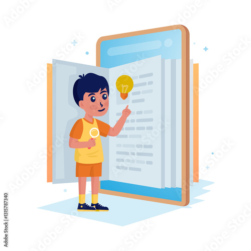 Cute boy reading e-book for online learning concept vector illustration