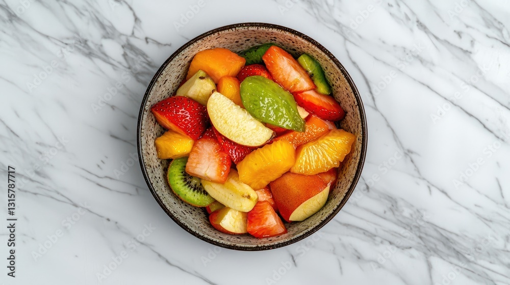 Colorful Fruit Salad in a Bowl Featuring Apples, Oranges, Strawberries, Kiwi, and Grapes on a Marble Surface Colorful Fruit Salad in a Bowl Featuring Apples, Oranges, Strawberries, Kiwi, and Grapes on a Marble Surface