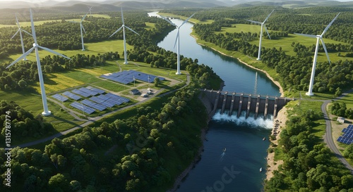 Green Energy Sustainable Power Wind Turbines Solar Panels Hydroelectric Dam Aerial View