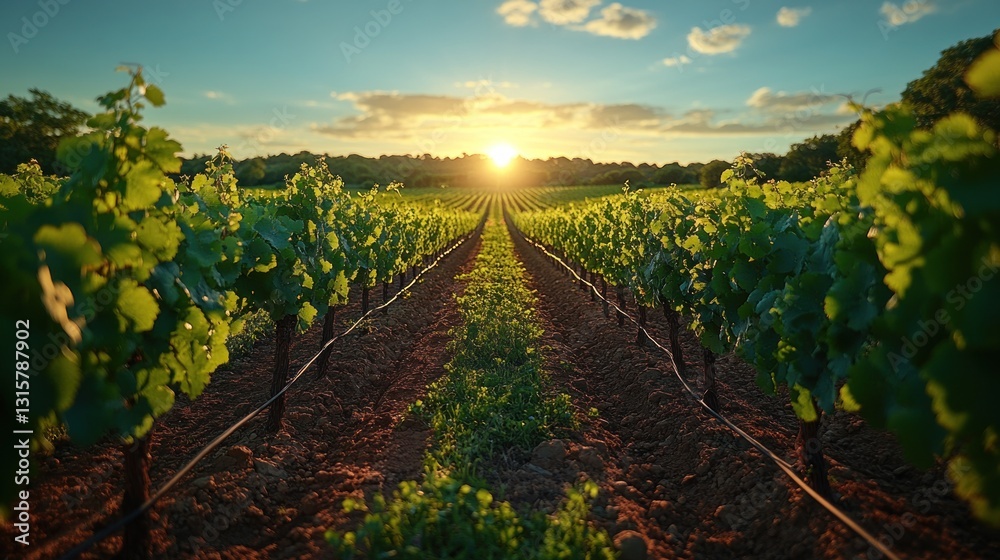Fototapeta premium Vineyard rows at sunset, rural landscape, golden hour