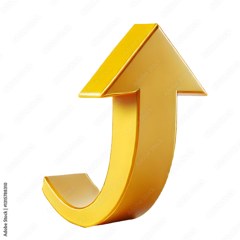 yellow upward arrow isolated on a white background. Clean and glossy design. Concept of direction and rise. 3D Rendering