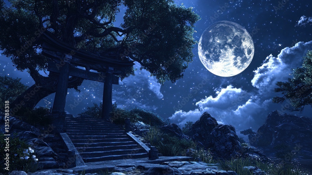 Naklejka premium Serene Night at the Mountain Torii Gate under the Full Moon