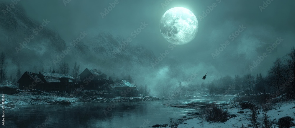 Naklejka premium Witch flying over snowy village by river under full moon
