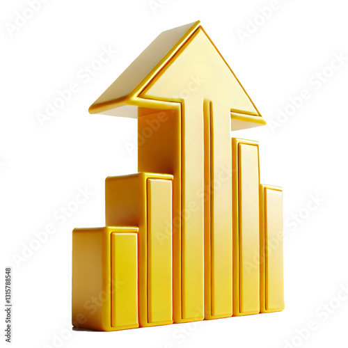 yellow upward arrow isolated on a white background. Clean and glossy design. Concept of direction and rise. 3D Rendering