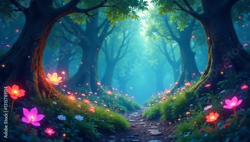 Fototapeta Naklejka Na Ścianę i Meble -  Enchanted forest with magical creatures and glowing flowers, creatures, enchanted, illustration