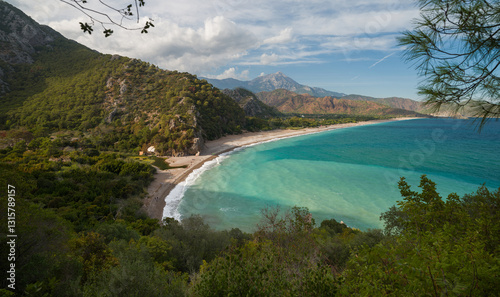 Fototapeta Naklejka Na Ścianę i Meble -  Overhead view of Cirali Olympos Beach. Touristic Mediterranean coast of Turkey. Kumluca district, Antalya city, Turkey  country 