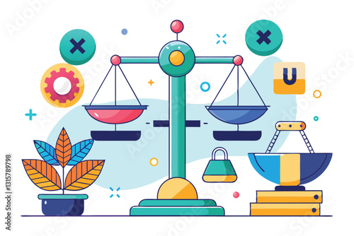 A colorful illustration depicts scales balancing various elements of user experience and interface design, Scales balancing UX and UI elements and icons