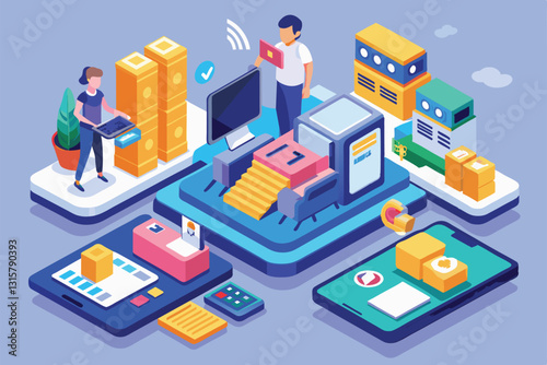 This illustration features a customizable isometric design showcasing scan-to-pay technology with various devices, Scan to pay Customizable Isometric Illustration