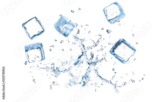 ice cubes. flying ice cubes with water splash isolated on transparent or white background