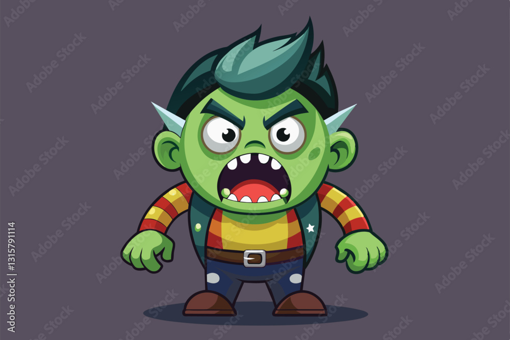 Fototapeta premium A cartoonish green monster with exaggerated features shows fear while wearing colorful attire in a playful design, Scared Customizable Disproportionate Illustration