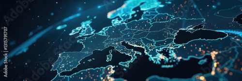 Dynamic digital world map highlighting Western Europe for AI powered global network connectivity and big data transfer