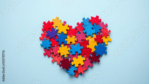 Multicolored Puzzle Heart on Blue Background - Symbol of Love, Connection, and Autism Awareness. Generative AI