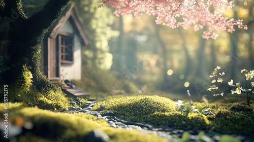 Enchanted Forest Cottage: A Dreamlike Spring Landscape