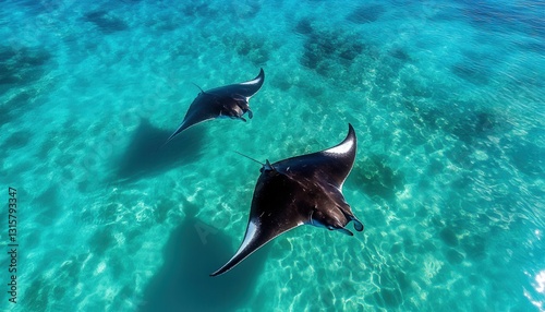 Discover the mesmerizing beauty of the ocean with this stunning aerial view of manta rays gliding gracefully through clear turquoise waters Witness the organic patterns created by their movements, a