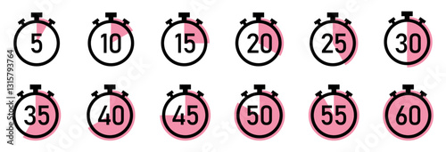 Set of stopwatch icons showing time intervals from 5 to 60 seconds. Minimal design with partial fill indicating time. Perfect for timers, fitness apps, and countdown graphics. Stopwatch, icons, vector