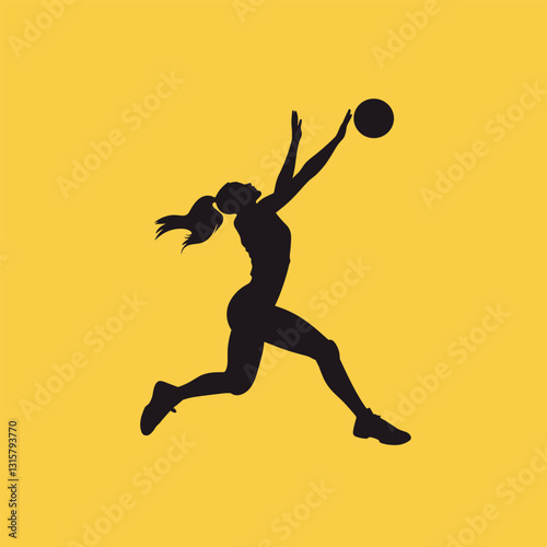 Female Volleyball Player Spiking the Ball - Black Silhouette on Yellow