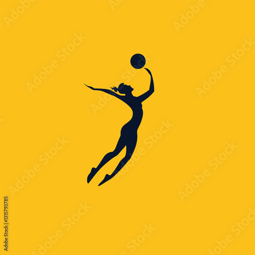 Volleyball Player Jumping to Hit the Ball - Silhouette on Yellow Background