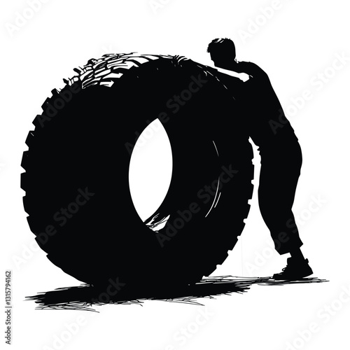 Worker Rolling a Large Tire – Silhouette Illustration