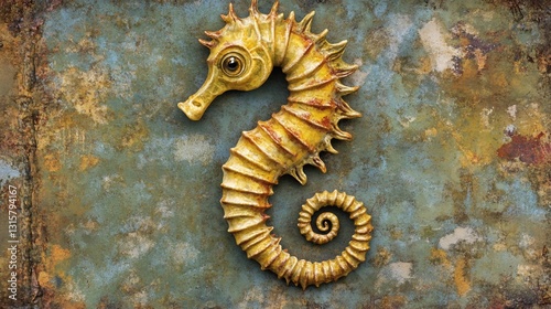 Golden seahorse sculpture on rusted metal, ocean background, art print