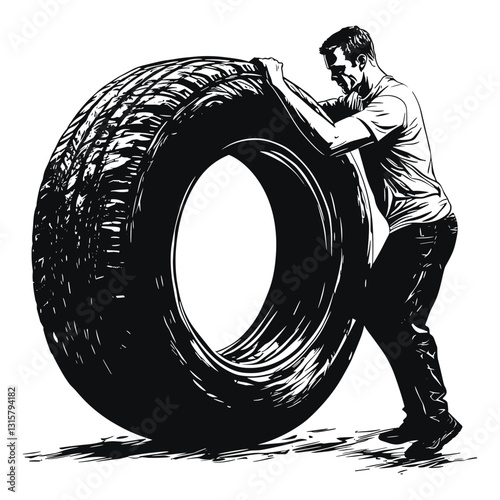 Two Workers Moving a Large Tire – Industrial Scene