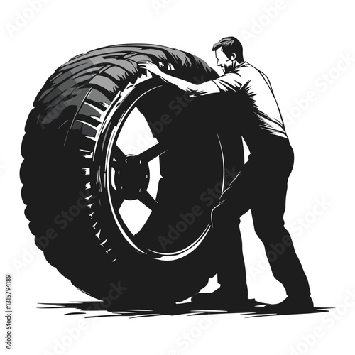 Factory Worker Rolling a Large Tire – Monochrome Vector