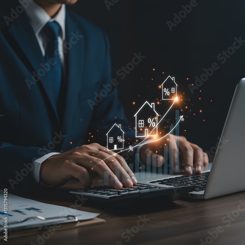 Real Estate Investment and Market Growth Concept. Analyzes real estate market growth trends.  interest rate, property mortgage, loan home, Graph show rising house price, and investment opportunities.