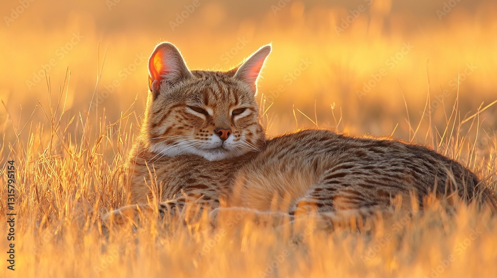 Obraz premium Pampas Cat Pampas cat resting in golden grasslands its patterned fur camouflaging perfectly in the soft light of dawn