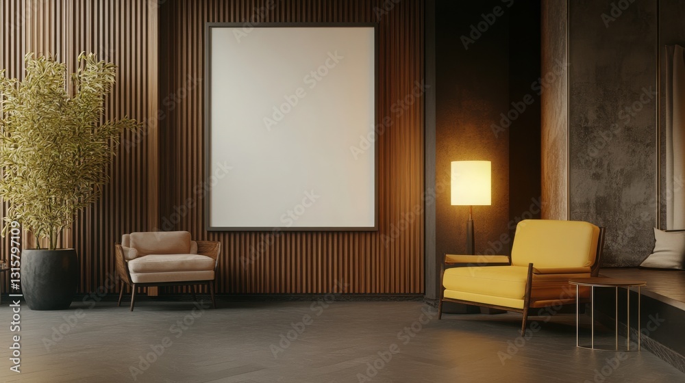 A modern, minimalist interior with soft lighting. The scene includes a large blank frame on a dark wall, with a cozy seating area and stylish furniture in the background A modern, minimalist interior with soft lighting. The scene includes a large blank frame on a dark wall, with a cozy seating area and stylish furniture in the background