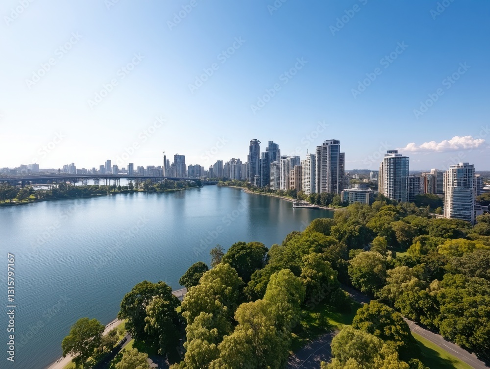 Obraz premium A panoramic aerial shot of a city skyline with a mix of modern buildings and natural landscapes. 