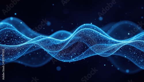 This abstract background features a dynamic wave of interlacing points and lines creating a futuristic and technological aesthetic