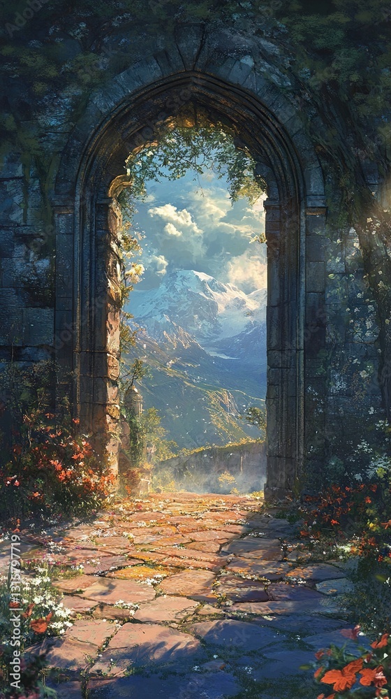Obraz premium Stone Arch Gateway to Majestic Mountain Landscape