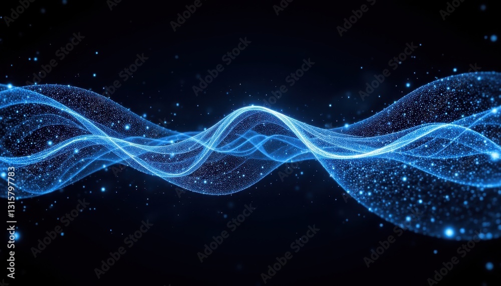 A digital illustration showcasing a futuristic and dynamic wave pattern composed of interconnected dots and lines moving in a 3D rendering