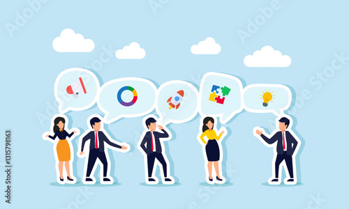 Businesspeople discuss a topic, lead to the appearance of an icon about creativity, ideas, and innovation in marketing, illustration of sharing about SEO, SEM, and marketing strategies