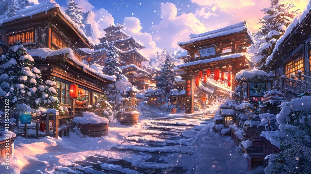 Obraz premium Snowy Winter Village in the Mountains: A Digital Painting of a Serene Asian-Inspired Town