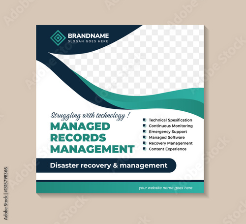 Managed Records Management, struggling with technology Social Media Post Square Banner Promotional Template. combination green and blue colors element on square layout with photo space.