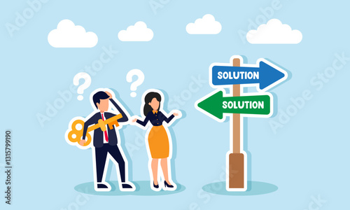 A businessman carries a key while a businesswoman looks confused at a signpost that says SOLUTION, illustration of confusion in finding the right solution for business
