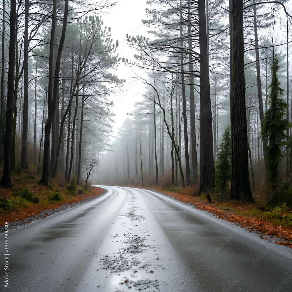 Fototapeta premium Deserted forest road in the rain. Rankness. Ukrainian nature.
