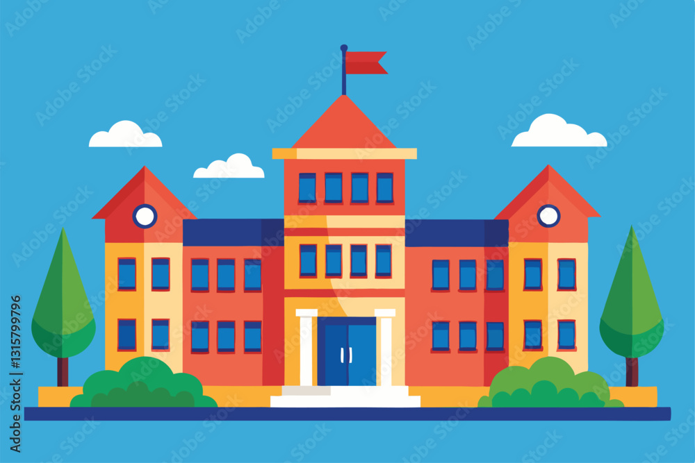 A vibrant school building is depicted, featuring a welcoming design and surrounded by stylized trees and clouds, school building set vector flat minimalistic isolated illustration A vibrant school building is depicted, featuring a welcoming design and surrounded by stylized trees and clouds, school building set vector flat minimalistic isolated illustration