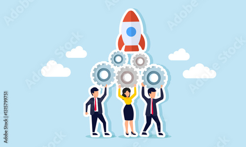 Businesspeople collaborate to assemble a gear system supporting a rocket, illustration of synergy in building a startup business