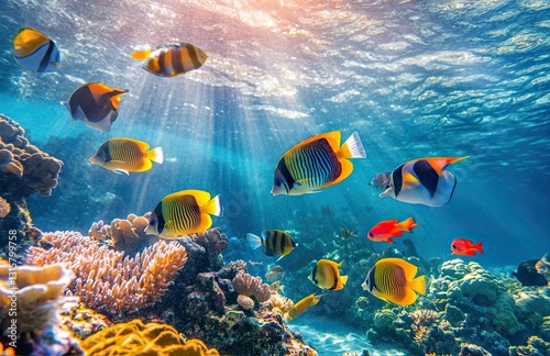 A school of colorful tropical fish swimming gracefully through a vibrant coral reef, with the sunbeams piercing through the clear water and highlighting the vivid colors of the fish.