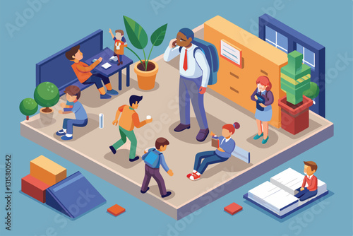 A classroom shows various students interacting, with one being bullied by peers nearby, School bullying Customizable Isometric Illustration