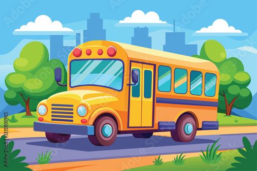 A cheerful school bus rolls along a vibrant road surrounded by trees and a bright city background, School bus Customizable Cartoon Illustration