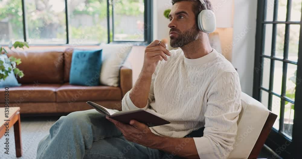 Home, thinking and man with headphones, notebook and songwriter with inspiration in living room or creative. House, composer and person with ideas for lyrics, writing and tech for music in lounge