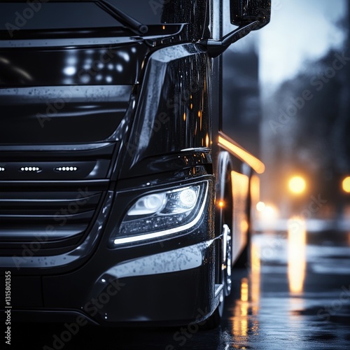 Black Semi Truck on Rain Slicked City Street at Night