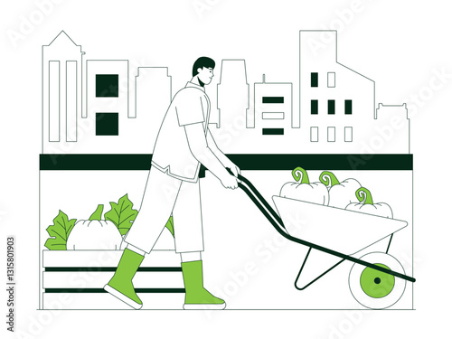 Man is pushing wheelbarrow illustration. Urban Farming illustration. Flat vector illustration concept.