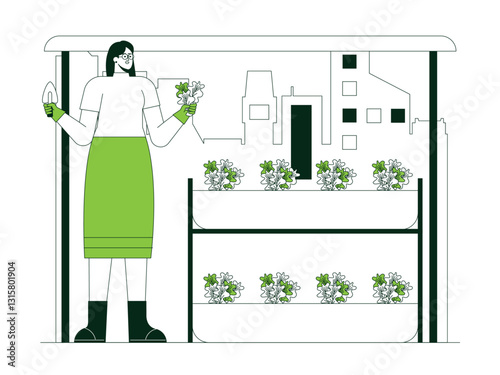 Young woman taking care of plants in a vertical garden. Urban Farming illustration. Flat vector illustration concept.