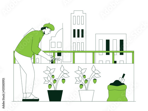 Woman take advantage of limited spaces such as balconies to grow their own crops. Urban Farming illustration. Flat vector illustration concept.