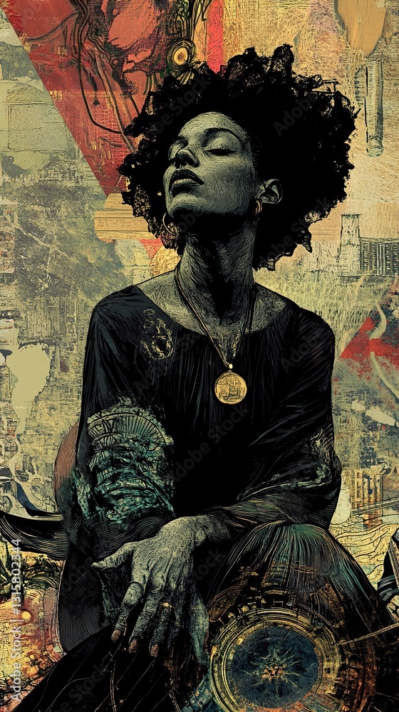 Naklejka premium Serene Black Woman Portrait: Afro, Gold Jewelry, Mixed Media Art